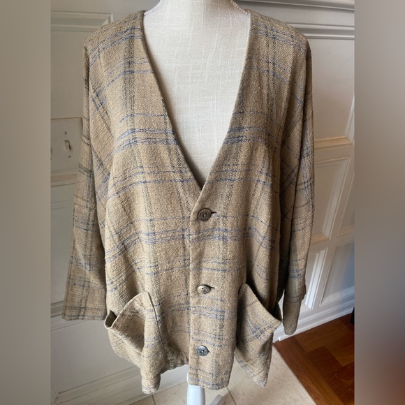 Shirin Guild Sweaters - ❌SOLD❌ SHIRIN GUILD 100% LINEN BROWN AND BLUE CARDIGAN CAPE OVERSIZED SWEATER